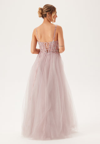 Glittering tulle evening dress with lacing