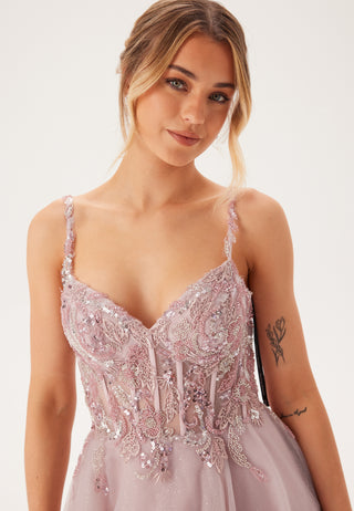 Glittering tulle evening dress with lacing