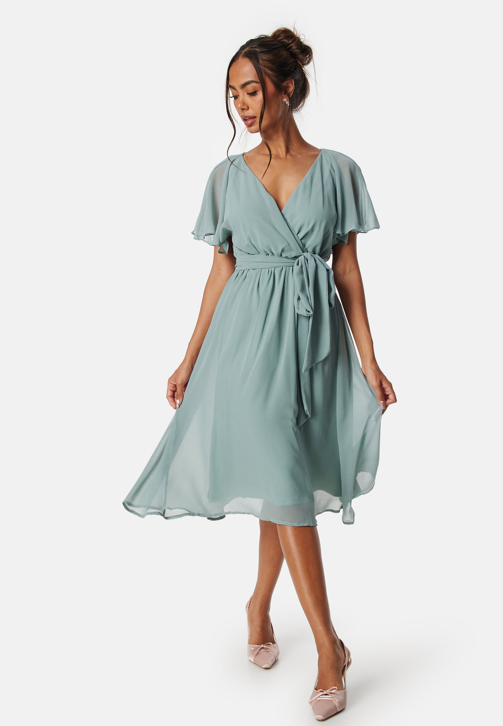 Goddiva Floral Printed Flutter Sleeve Chiffon Midi Dress - Sage Green main image 1