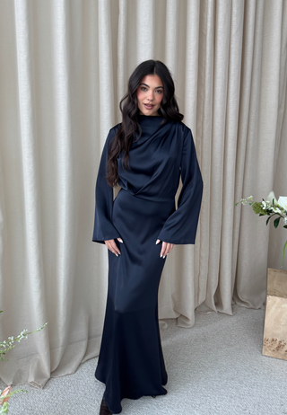 Satin High Collar Midi Dress