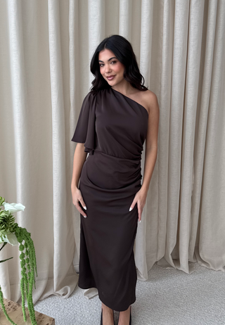 Ruched One Shoulder Midi Dress