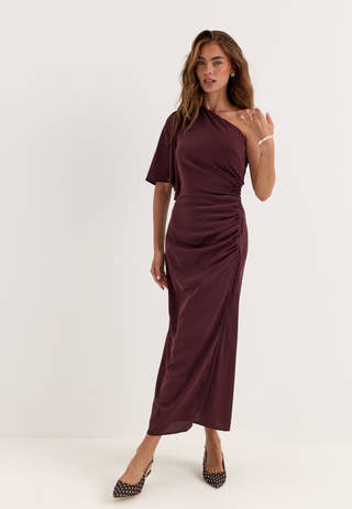 Ruched One Shoulder Midi Dress Red