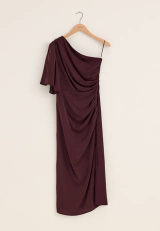 Ruched One Shoulder Midi Dress Red