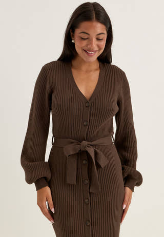 Rib Knitted Cardigan Dress Brown