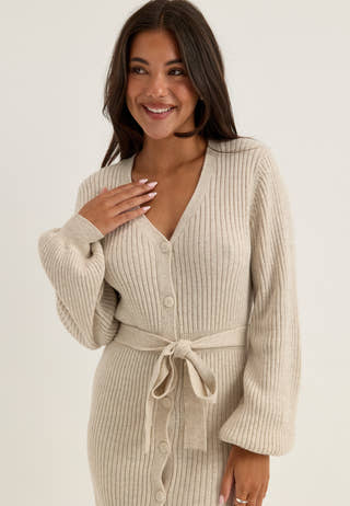 Rib Knitted Cardigan Dress White