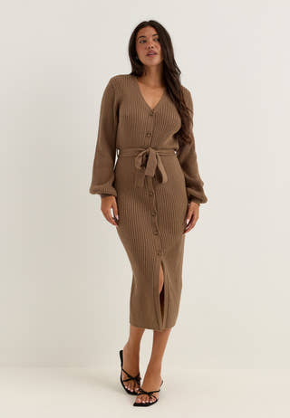 Rib Knitted Cardigan Dress Brown