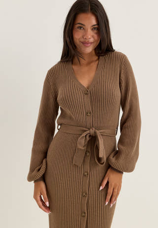 Rib Knitted Cardigan Dress Brown