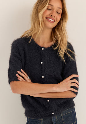 Short Sleeve Fluffy Knitted Cardigan Blue