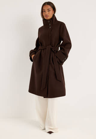 High Neck Midi Coat Brown