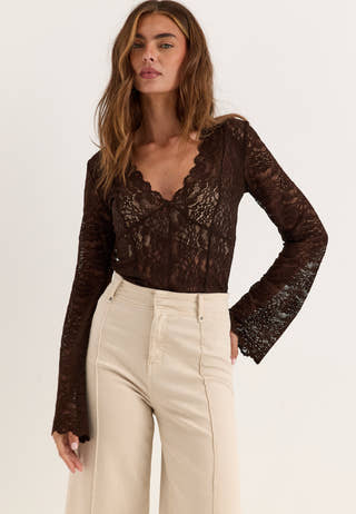 Long Sleeve Lace Top Brown