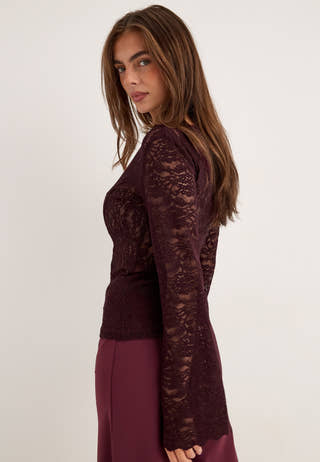Long Sleeve Lace Top Red