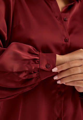 Puff Sleeve Satin Shirt Red