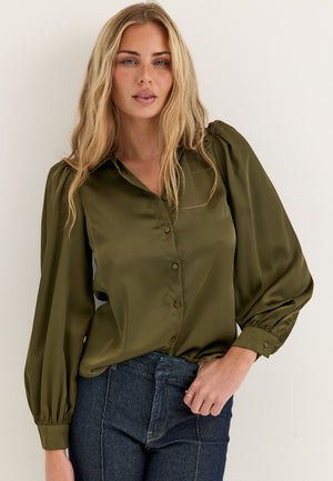 Puff Sleeve Satin Shirt Green