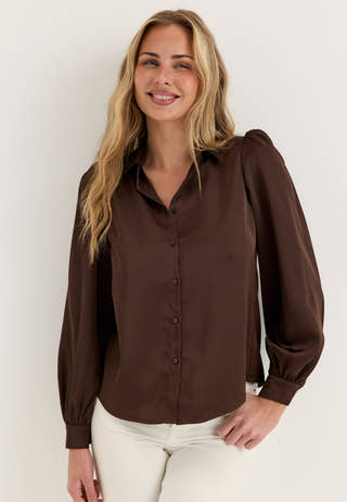 Puff Sleeve Satin Shirt Brown