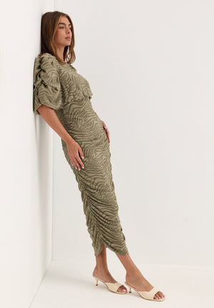 Ruched Puff Sleeve Dress Green