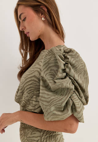 Ruched Puff Sleeve Dress Green