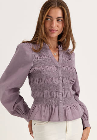V-neck Cotton Smock Blouse Purple