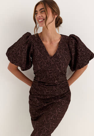 Puff Sleeve Jacquard Midi Dress Brown