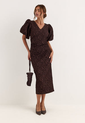 Puff Sleeve Jacquard Midi Dress Brown