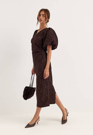 Puff Sleeve Jacquard Midi Dress Brown