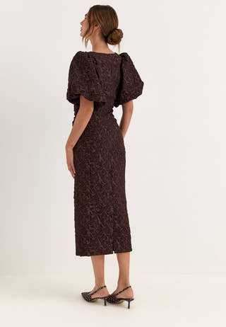 Puff Sleeve Jacquard Midi Dress Brown