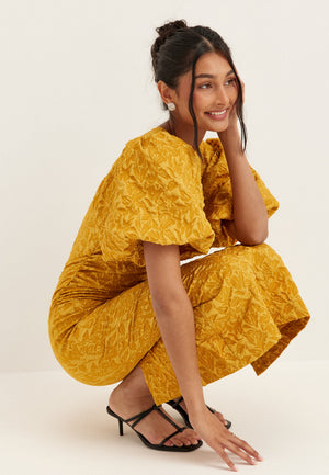 Puff Sleeve Jacquard Midi Dress Yellow