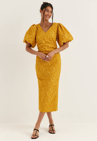 Puff Sleeve Jacquard Midi Dress Yellow