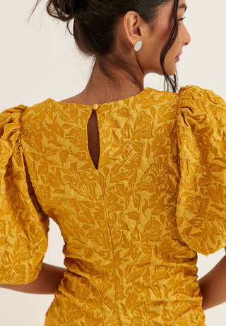 Puff Sleeve Jacquard Midi Dress Yellow