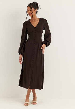 Midi Button Volume Sleeve Dress Brown