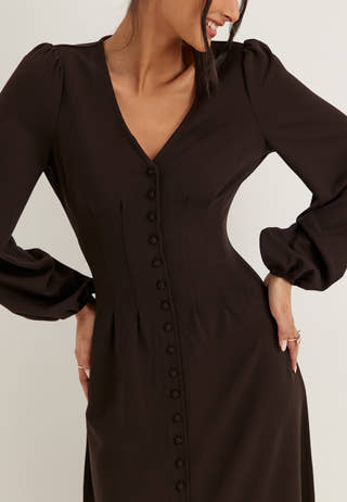 Midi Button Volume Sleeve Dress Brown