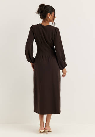 Midi Button Volume Sleeve Dress Brown