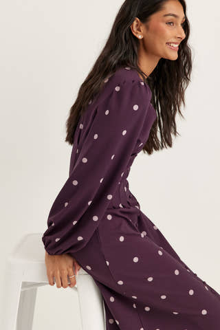 Midi Button Volume Sleeve Dress Purple