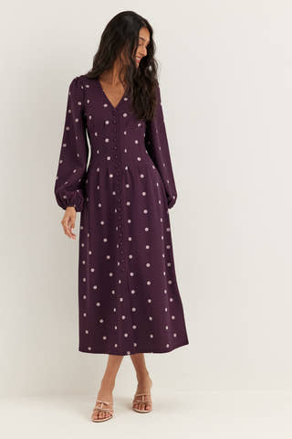 Midi Button Volume Sleeve Dress Purple