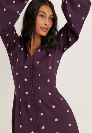 Midi Button Volume Sleeve Dress Purple