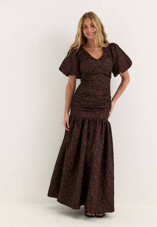Puff Sleeve V-neck Jaqcuard Gown Brown
