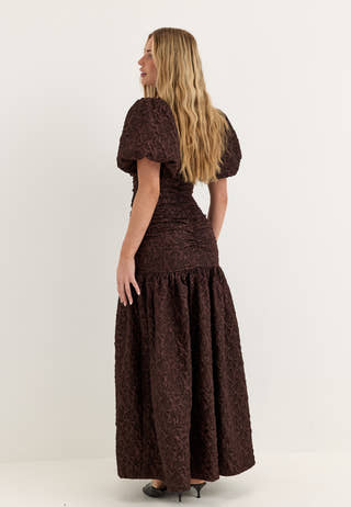 Puff Sleeve V-neck Jaqcuard Gown Brown