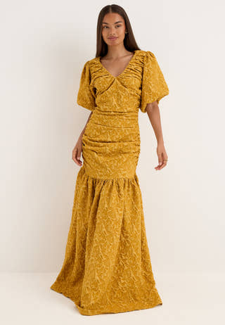 Puff Sleeve V-neck Jaqcuard Gown Yellow