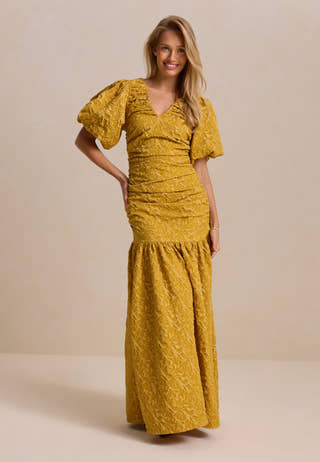 Puff Sleeve V-neck Jaqcuard Gown