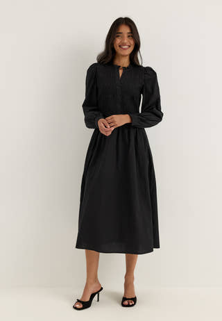 V-neck Cotton Smock Dress Black