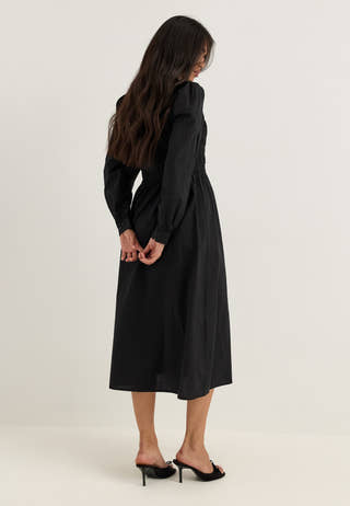 V-neck Cotton Smock Dress Black
