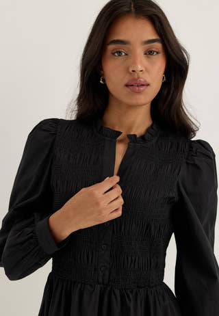 V-neck Cotton Smock Dress Black