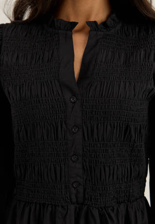 V-neck Cotton Smock Dress Black