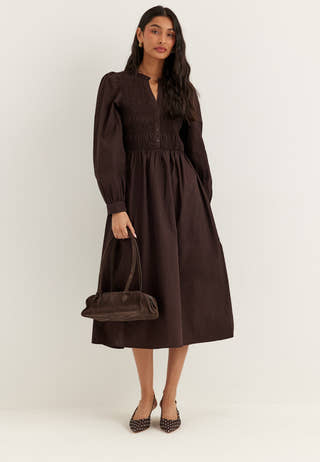 V-neck Cotton Smock Dress Brown