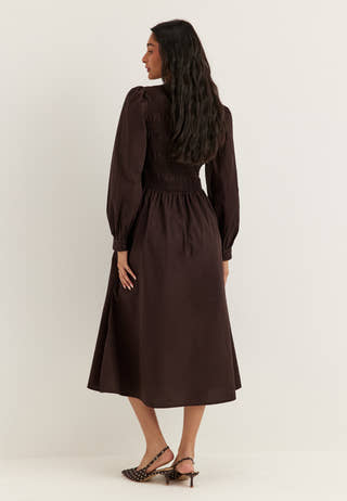 V-neck Cotton Smock Dress Brown