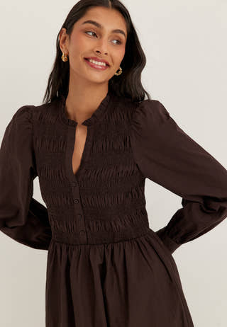 V-neck Cotton Smock Dress Brown