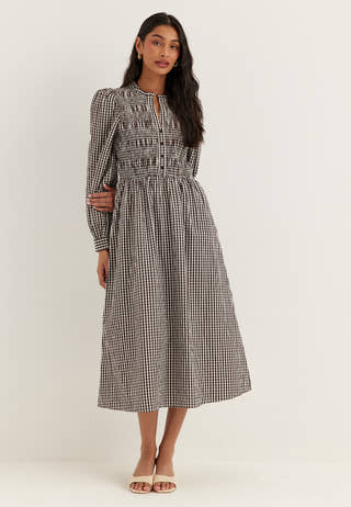 V-neck Cotton Smock Dress Patterned