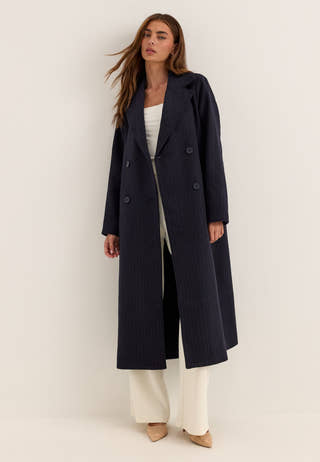 Straight Wool Blend Coat Striped