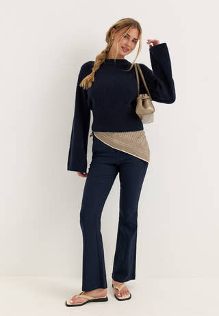 Mid Waist Stretchy Flared Trousers Blue