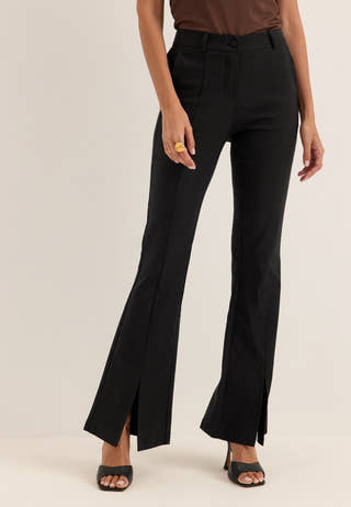 Mid Waist Stretchy Flared Slit Trousers Black