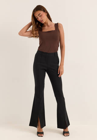 Mid Waist Stretchy Flared Slit Trousers Black